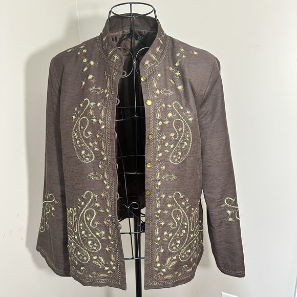 Silk Land Silk Pearl Button Jacket Women Size LG Brown with Green Embroidery - Picture 11 of 11